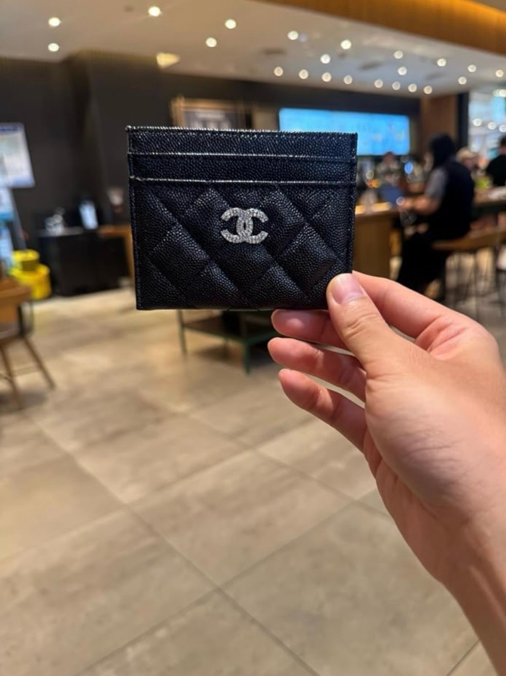 CHANEL Black Quilted Card Holder with Silver CC Emblem
